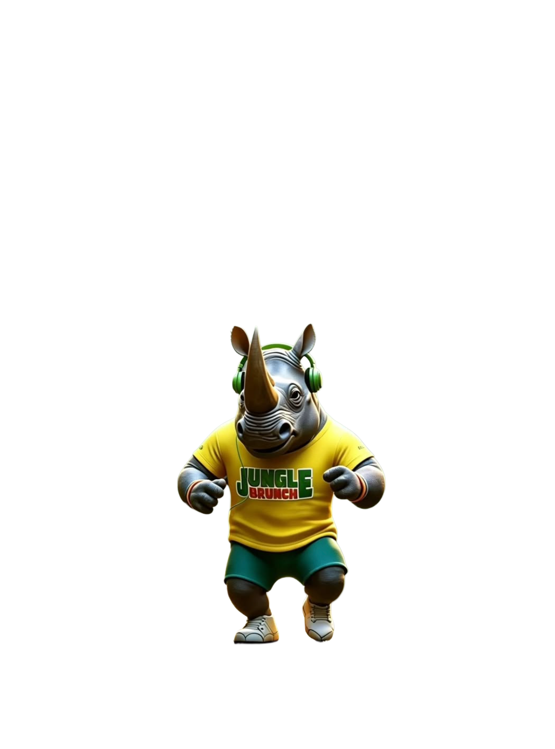 Ron the Rhino wearing a yellow Jungle Brunch t-shirt and headphones